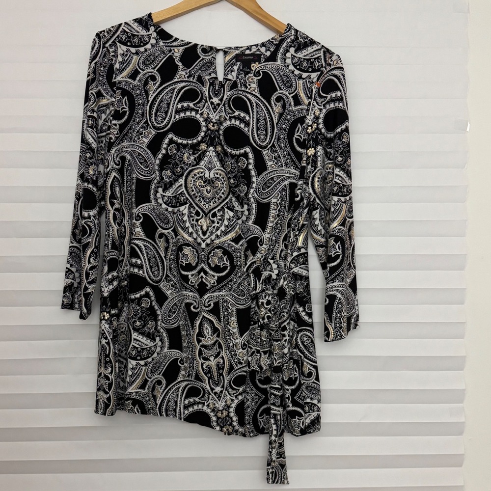 Cocomo Womens Black White Gold Paisley Faux Wrap Chic Top 3/4 Sleeve L Festive